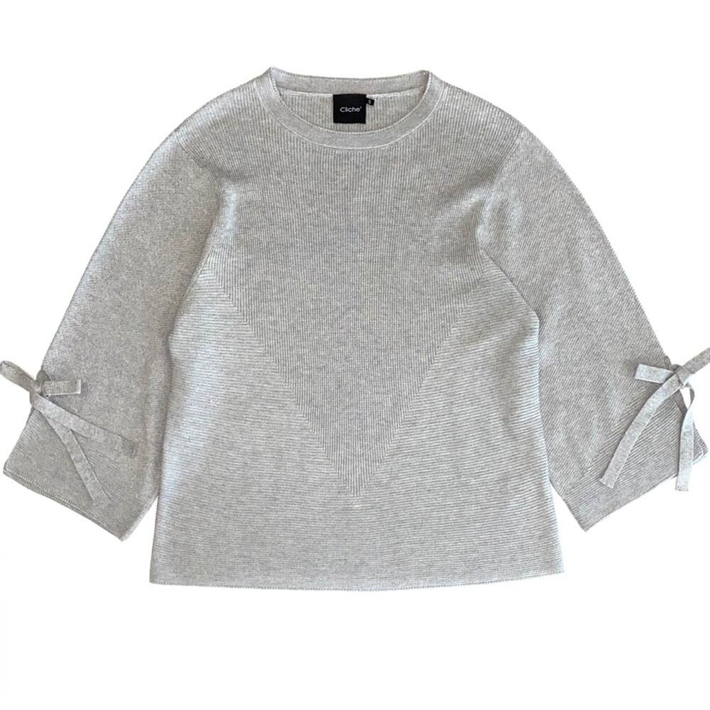 NEW Cliché Wool Blend Ribbed Knit Tie Sleeve Lightweight Sweater Size Small